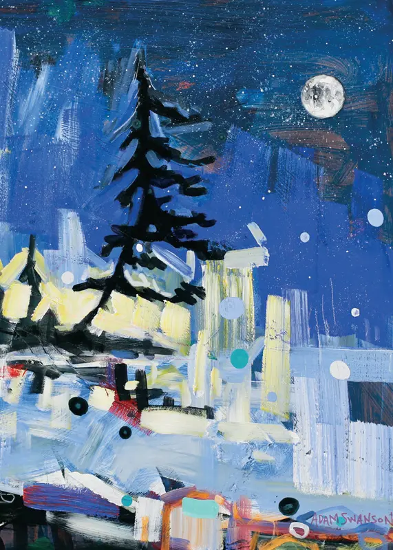 lone coniferous tree in abstract snowy scene with moon in nightsky