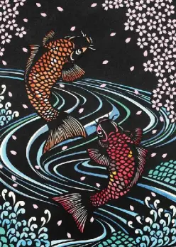 Two fish one orange and one red swimming in black water