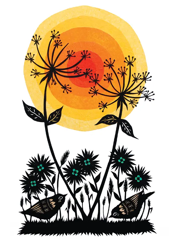 Bright Sun Shining over Flowers and Birds