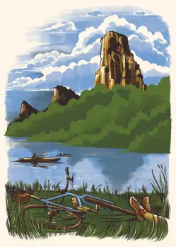 Landscape scenery with a mountain, trees, a river, and a bicycle