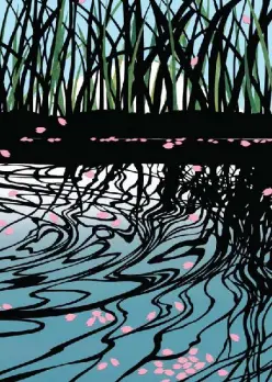 Reflection in water of grass and pink flower petals