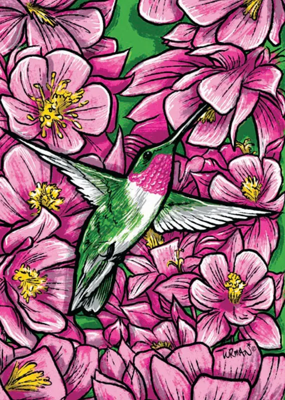 green and pink hummingbird in front of pink flowers