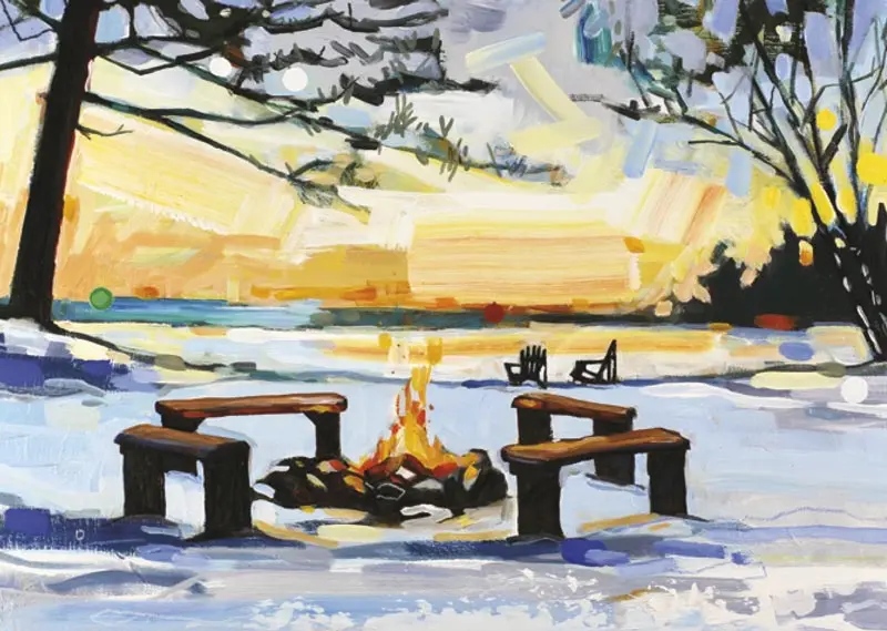 a lone fire in pit on a snowy morning sunrise setting with trees
