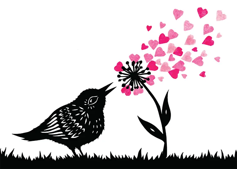 Black Bird Blowing Pink Heart Petals off of Flower