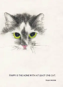 Grey and White Cat with Green Eyes "Happy is the Home with at Least One Cat. - Italian Proverb"