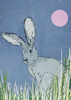 Gray Rabbit with Pink Moon Behind Him