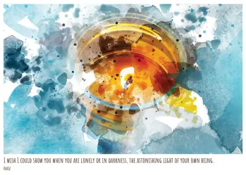 Blue Watercolor Painting of an Orange Candle Burning "I Wish I Could Show You When You are Lonely or in Darkness, The Astonishing Light of Your Own Being - Hafiz"