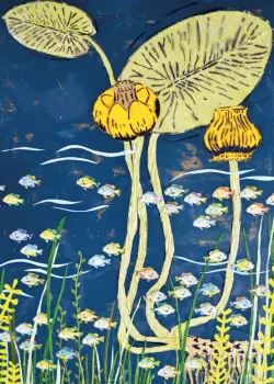 Yellow Flowers in Water with a School of Fish