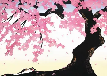 A tree with pink flowers and cat napping under it