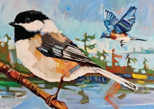 black and white bird and blue on branch and white bird flying in front of forested lake