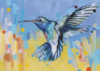 Handpainted blue hummingbird with yellow and blue background