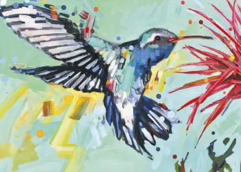 Handpainted blue and white hummingbird with green background