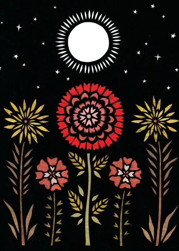 Red, Orange, and Yellow Abstract Flowers with White Moon at Night