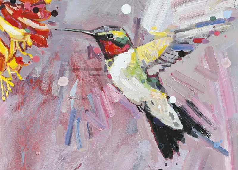 Handpainted green and white hummingbird with reddish background
