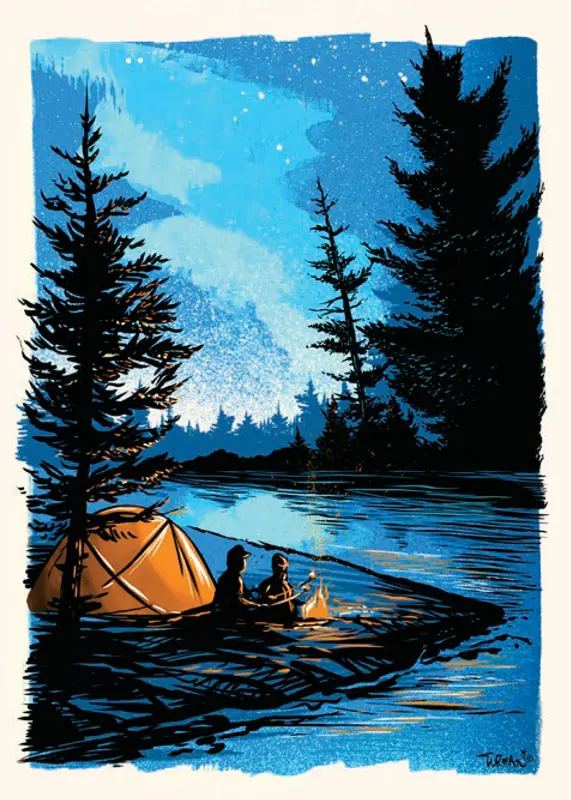 two people at tent and campfire at dusk, pine trees on river