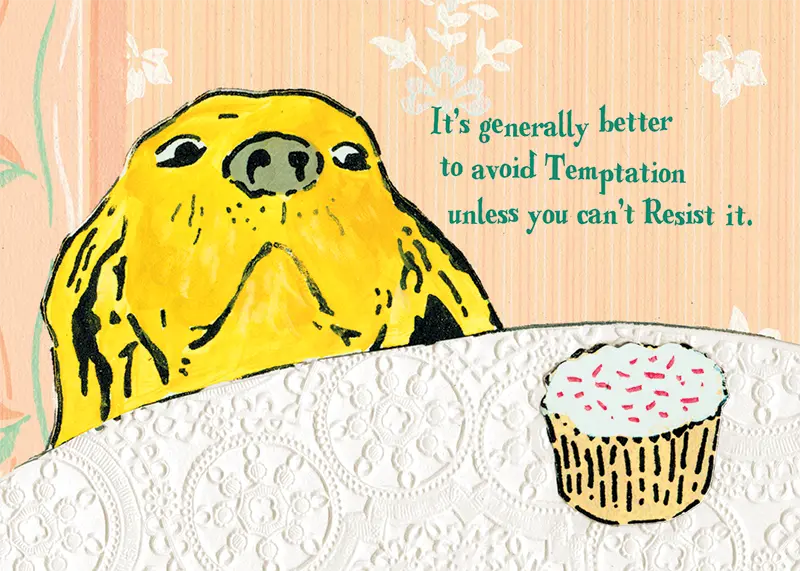 Golden Retrieve eyeing cupcake with words 