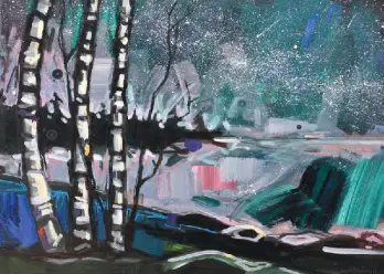 birch trees in front of abstract snowy creek and teal night skybirch trees in front of abstract snowy creek and teal night sky