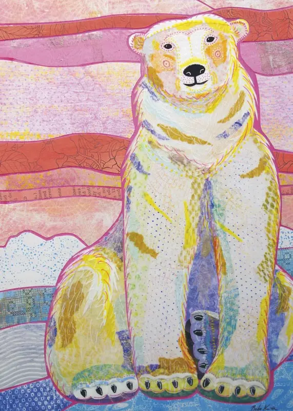 Polar Bear Sitting on Ice with a Colorful Sunset Behind It