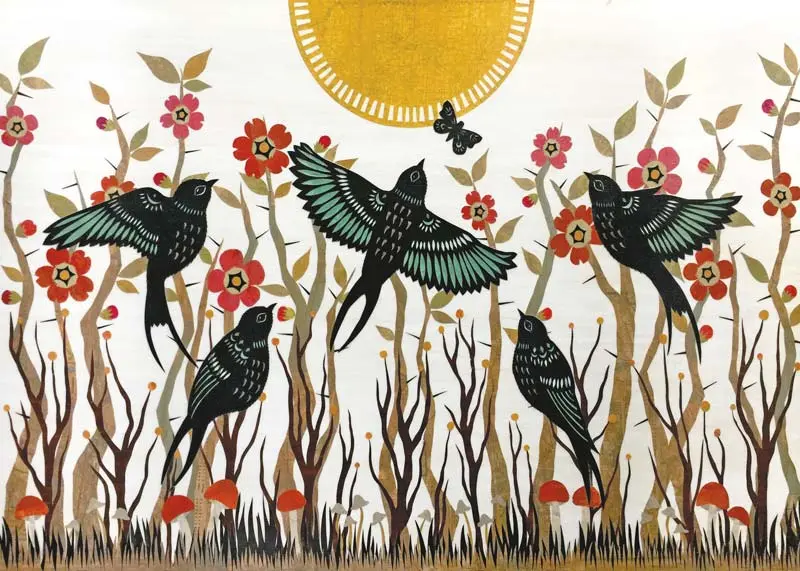 Angie Pickman - Birds by Red Flower Garden Under Yellow Sun