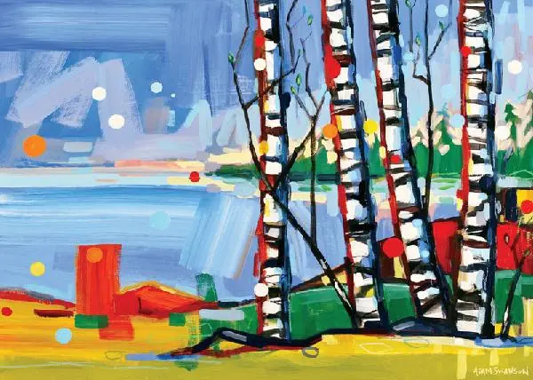Birch trees on yellow and green foreground with blue sky background