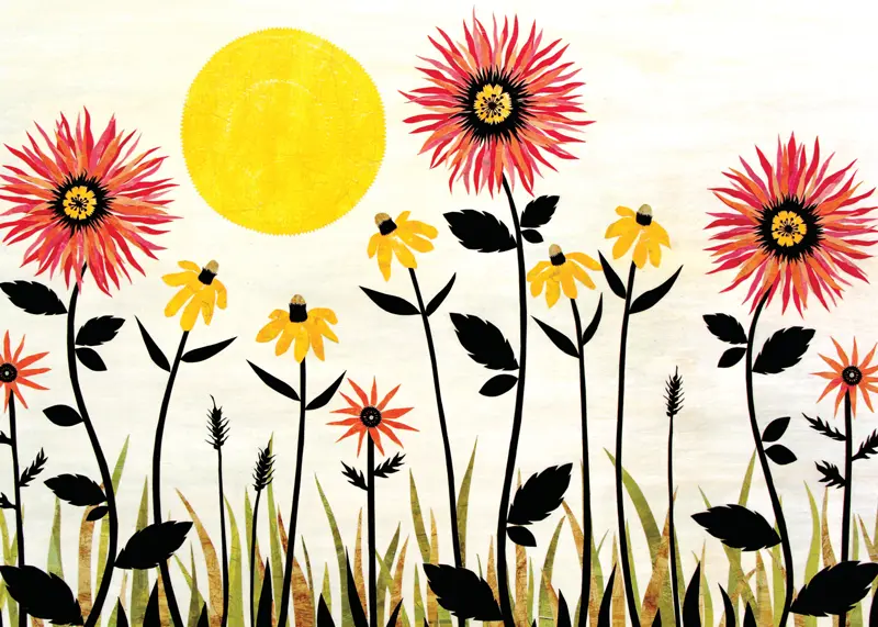 Red Whispy Flowers with Yellow Sun