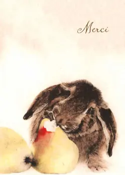 Brown Bunny Eating Two Pears "Merci"