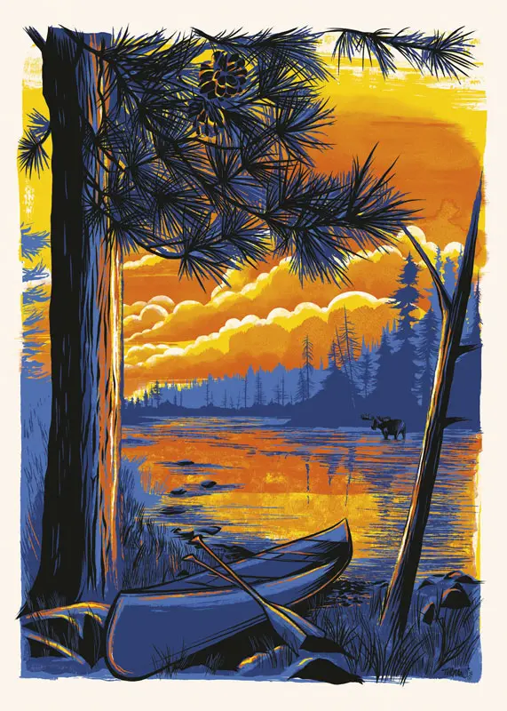 Boundary Waters sunset on water with canoe and trees