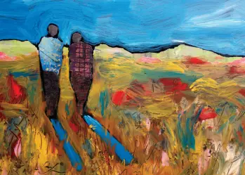 Two People Overlooking Colorful Hills
