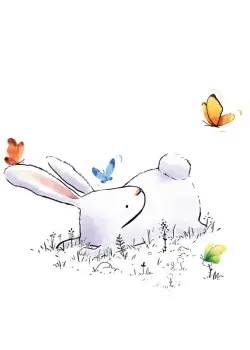 White Bunny Laying Down with Four Colorful Butterflies all around it