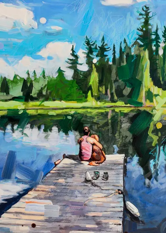 A boy sitting with his dog on a dock looking at the lake and tree around them