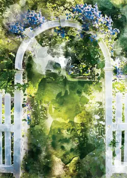 White Archway and Picket Fence Leading to Green Garden