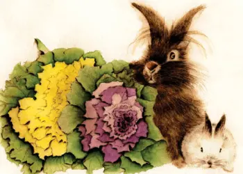 Two Bunnies with Some Curly Kale