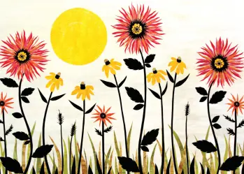 Red Whispy Flowers with Yellow Sun