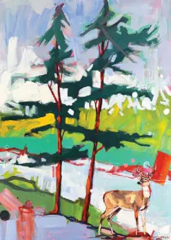 painting of brown deer, tall green pine trees on blue, green, teal, white background