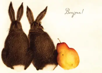 Two Brown Bunnies with a Pear "Bonjour!"