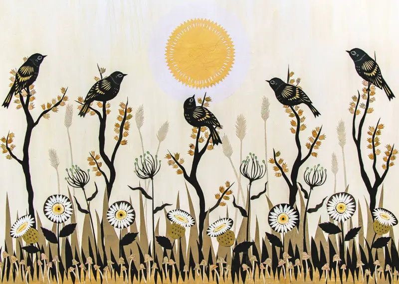 Five Birds Sitting on Five Trees Underneath the Yellow Sun