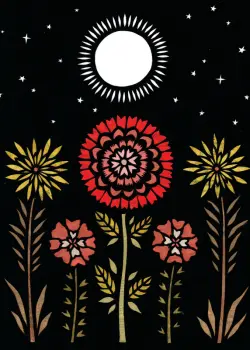 Red, Orange, and Yellow Abstract Flowers with White Moon at Night