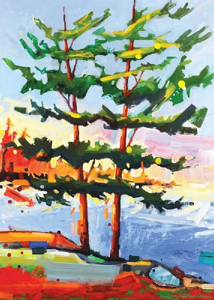 Adam Swanson Boxed Cards with print of birch trees in front of snowy creek and night sky