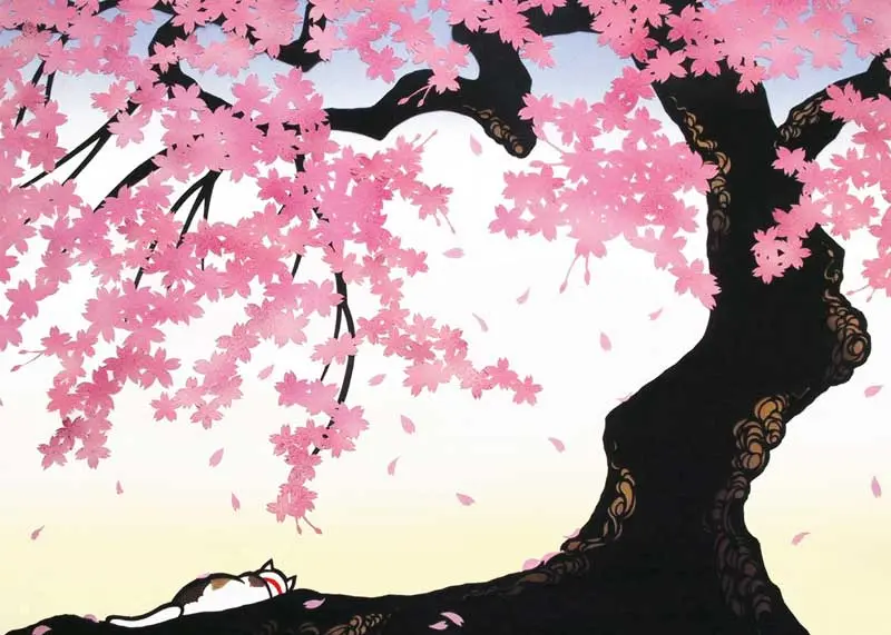 A tree with pink flowers and cat napping under it