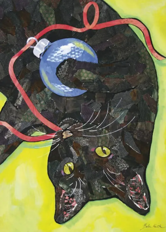 Black Cat Playing with a Blue Christmas Ornament
