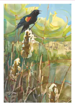 Painting of a Red-Winged Blackbird on Cattail Plant