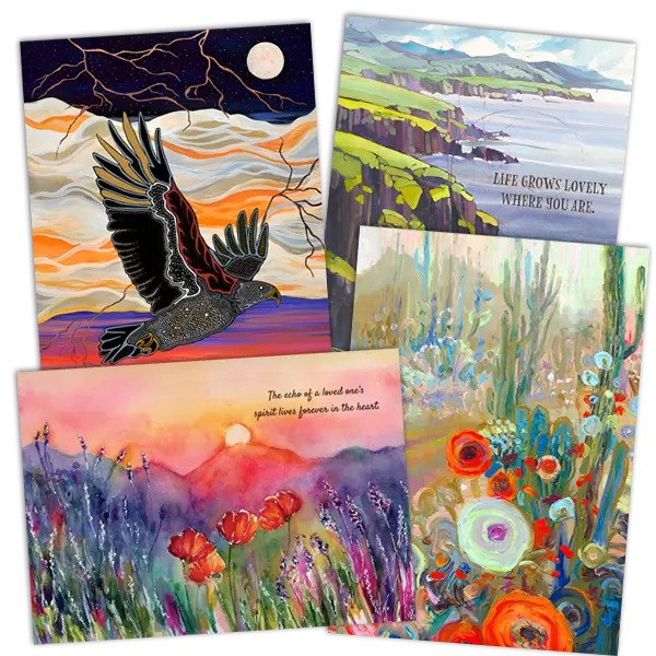 Bestselling Greeting Cards from artist Sam Zimmerman, Myriad Shades, Iris Scott, and Dan Wiemer