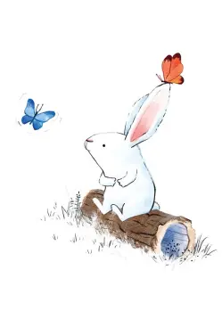 A White Bunny Sitting on a Log Staring at a Red Butterfly and a Blue Butterfly