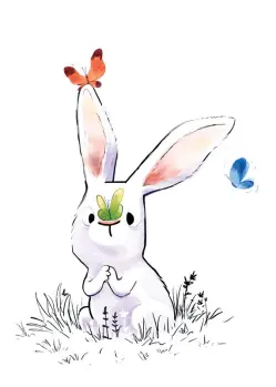White Bunny with Three Colorful Butterflies