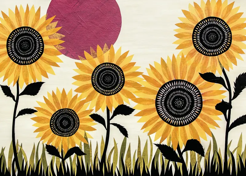 Yellow Sunflowers with Red Sun