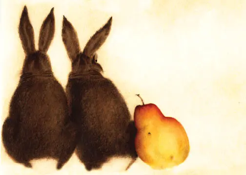 Two Brown Bunnies with an Orange Pear Leaning Against One of them